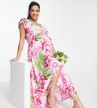 Liquorish Maternity Bridesmaid Plunge Front Maxi Dress In Green Overscale Floral-multi