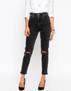 Asos Farleigh High Waist Slim Mom Jeans In Washed Black With Busted Knees - Black