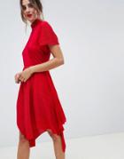 Asos Design Plisse Midi Dress With High Neck And Hanky Hem - Red