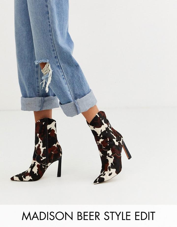 Asos Design Ebony Leather Western High Heeled Boots In Cow Pony-multi