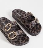London Rebel Wide Fit Double Buckle Footbed Sandals In Leopard-multi