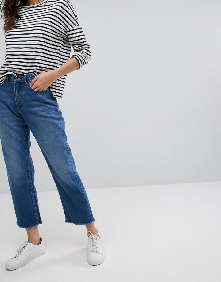 Only High Waist Straight Leg Jeans With Frayed Hem - Blue