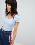 Stradivarius Ballerina Neck Jersey Ribbed Crop Top Plain - Blue