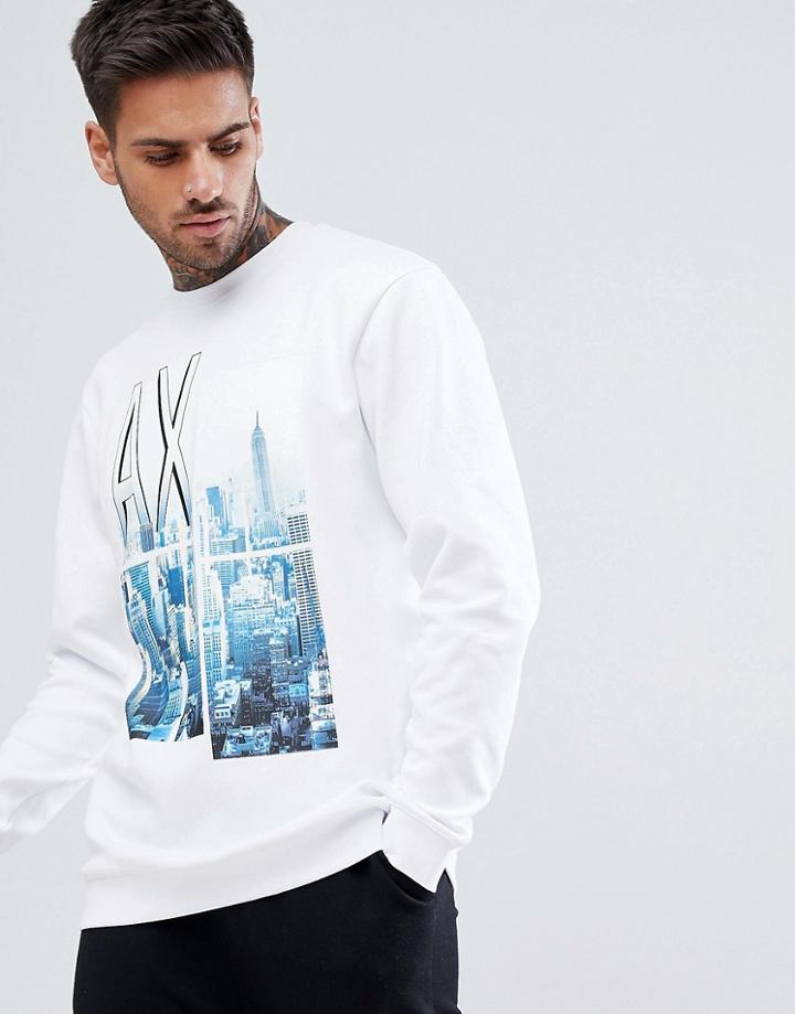Armani Exchange City Print Crew Neck Sweat In White - White