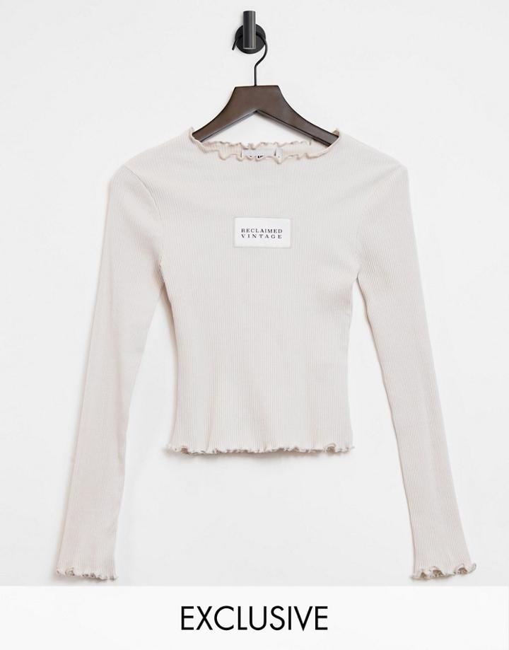 Reclaimed Vintage Inspired Ribbed Top In Ecru With Lettuce Hem And Logo-white