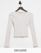 Reclaimed Vintage Inspired Ribbed Top In Ecru With Lettuce Hem And Logo-white