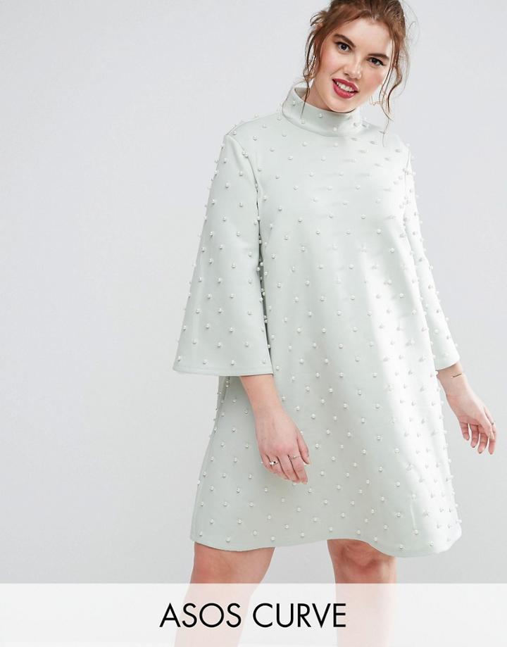 Asos Curve Pearl Shift Mini Dress With Fluted Sleeve - Green
