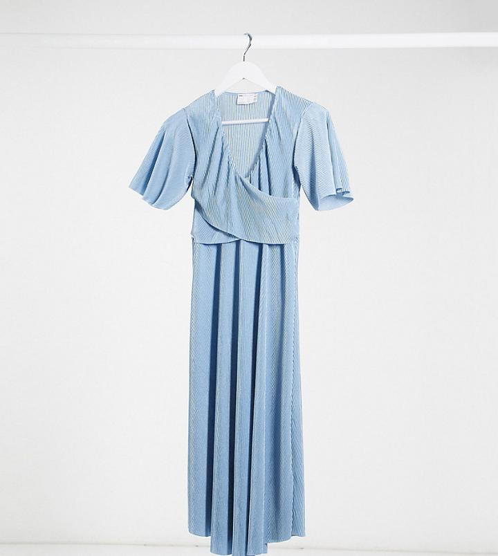 Asos Design Maternity Nursing Plisse Batwing Wrap Midi Dress With Self Tie Belt In Blue-blues
