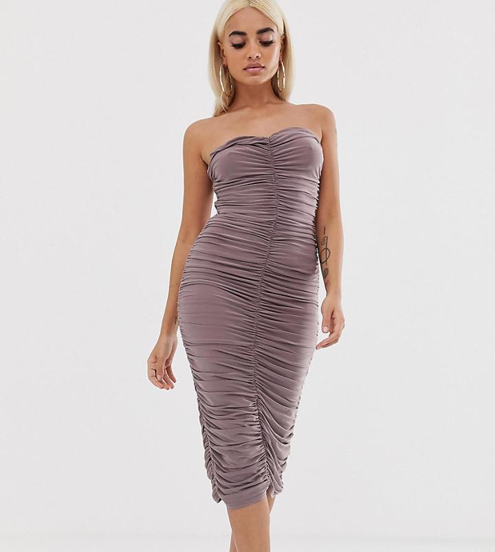 Club L London Petite Bandeau Ruched Midi Dress In Mink-brown