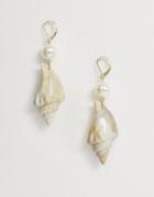 Asos Design Earrings With Faux Pearl Studded Shell Drop In Gold Tone - Gold