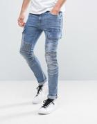 Asos Super Skinny Jeans With Cargo Pockets And Biker Details In Mid Bl