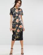 Asos Wiggle Dress In Floral Embroidery Print - Multi