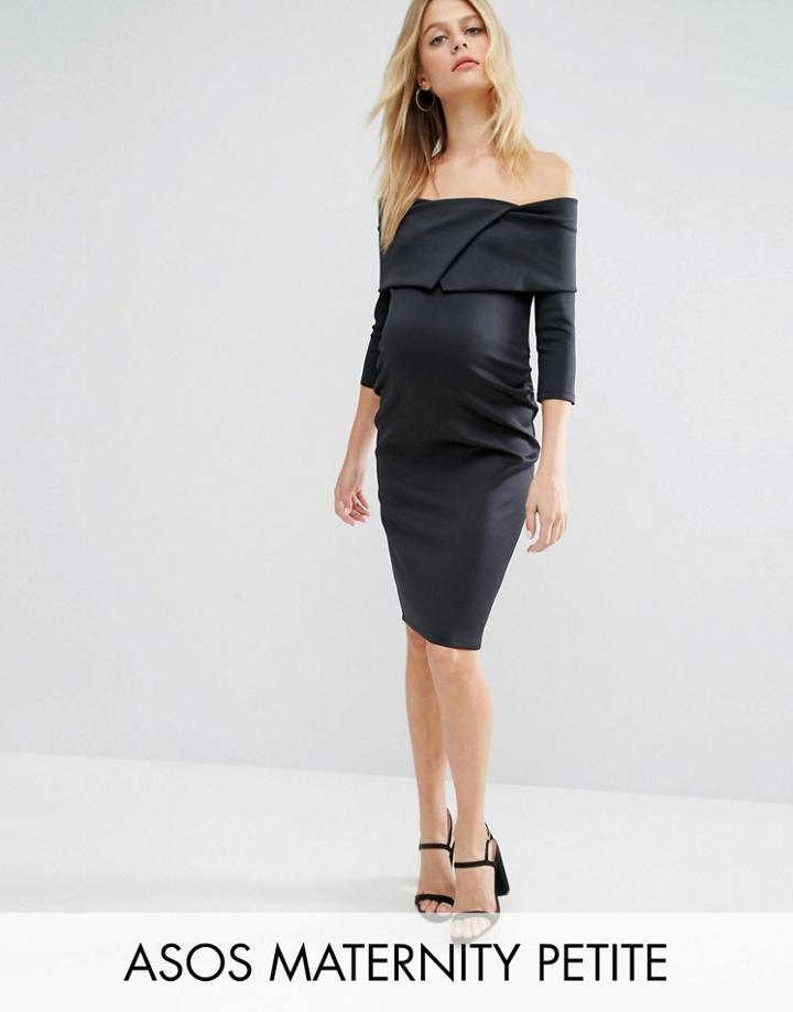 Asos Maternity Petite Origami Pleated Bardot Dress In Scuba - Black