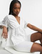 Asos Design Broderie Smock Top With Fluted Sleeve In White