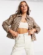Monki Nicco Cotton Jacket In Brown Checkerboard Print-multi
