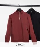 Asos Design Organic Half Zip Muscle Sweatshirt 2 Pack In Burgundy/black-multi