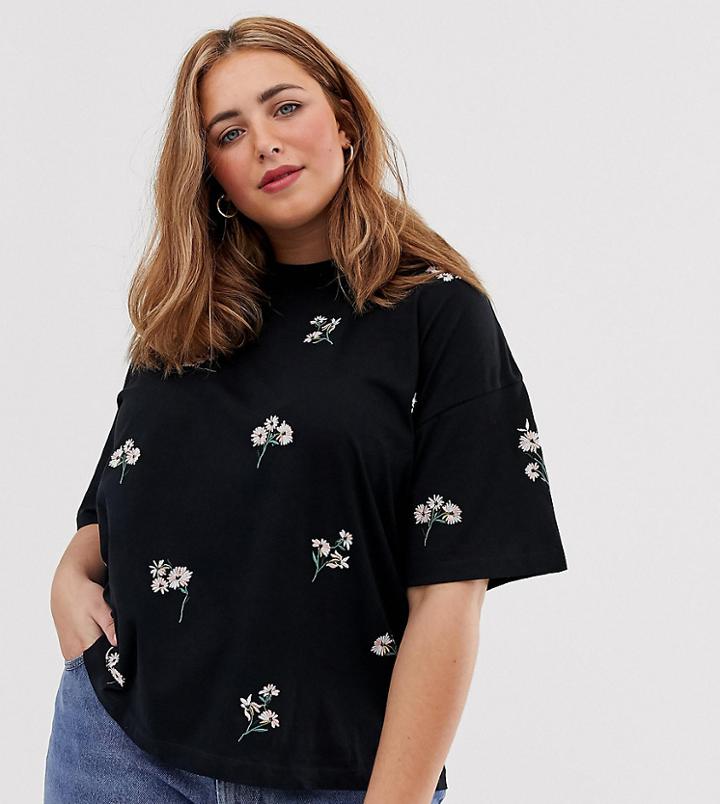 Asos Design Curve Boxy T-shirt With All Over Ditsy Embroidery - Black