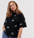 Asos Design Curve Boxy T-shirt With All Over Ditsy Embroidery - Black