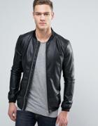 Pull & Bear Faux Leather Bomber Jacket With Perforated Sleeves - Black