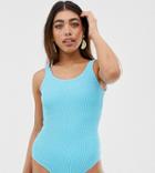 Monki Bubble Rib Scoop Neck Swimsuit In Blue - Green