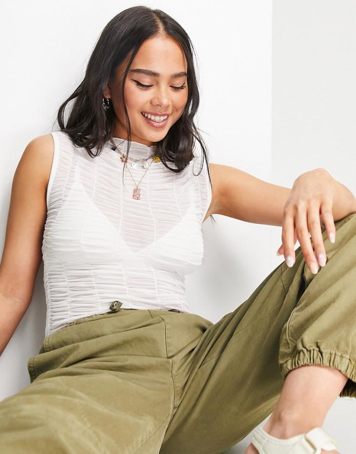Topshop Ruched Mesh Tank Top In White