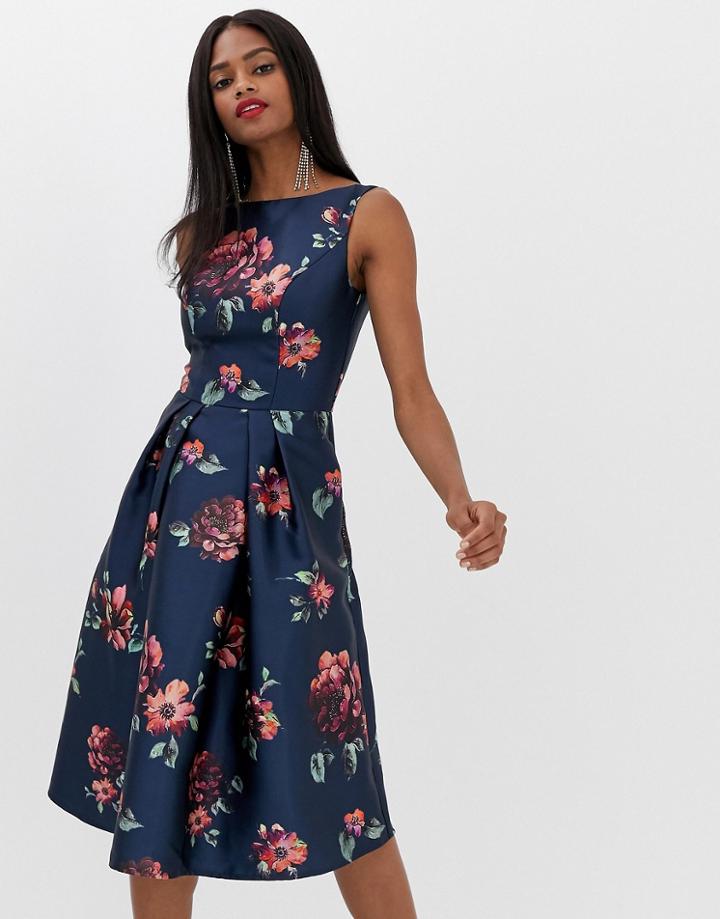Chi Chi London Midi Dress In Navy Floral - Multi