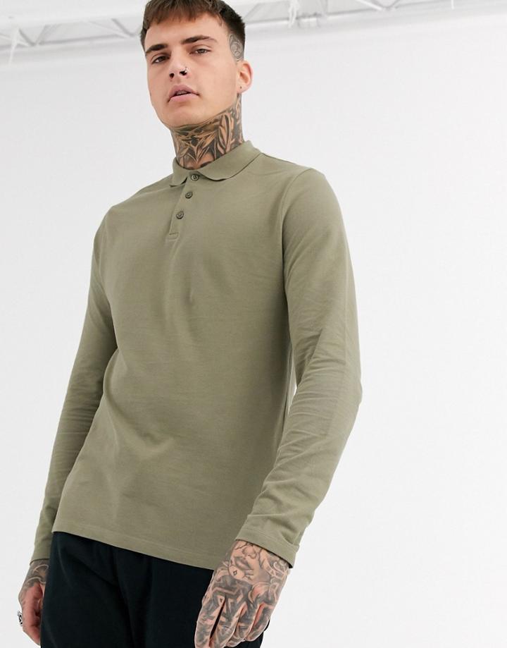 Asos Design Organic Long Sleeve Pique Polo In Khaki-green
