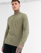 Asos Design Organic Long Sleeve Pique Polo In Khaki-green