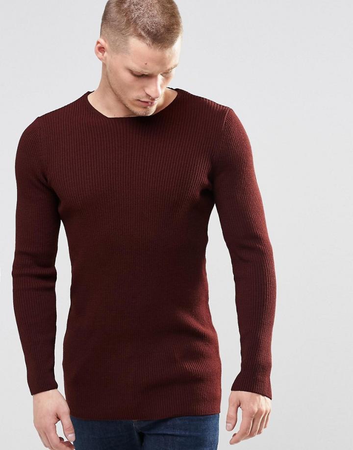 Asos Longline Muscle Fit Ribbed Sweater - Burgundy