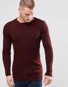 Asos Longline Muscle Fit Ribbed Sweater - Burgundy