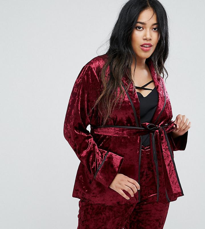 Truly You Premium Crushed Velvet Tie Waist Suit Top - Red