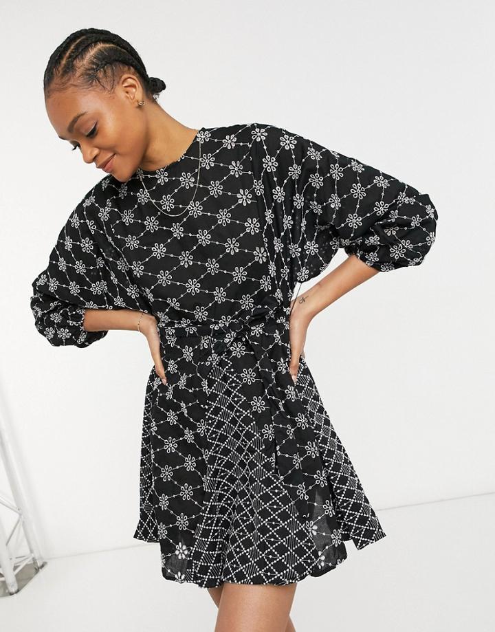 Asos Design Contrast Eyelet Mini Dress With Panels In Black