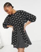 Asos Design Contrast Eyelet Mini Dress With Panels In Black
