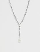 Asos Design Lariat Necklace In Hardware Chain With Faux Pearl In Silver Tone - Silver