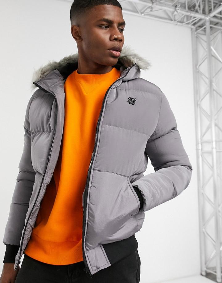 Siksilk Puffer Jacket With Faux Fur Hood In Gray-grey