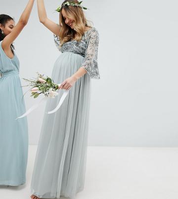 Maya Maternity Sequin Cape Tulle Skirt Maxi Bridesmaid Dress - Green