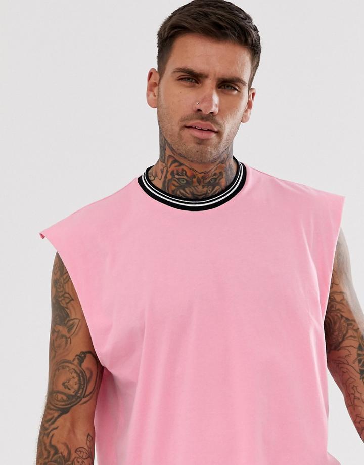 Asos Design Oversized Sleeveless T-shirt With Contrast Tipping In Pink