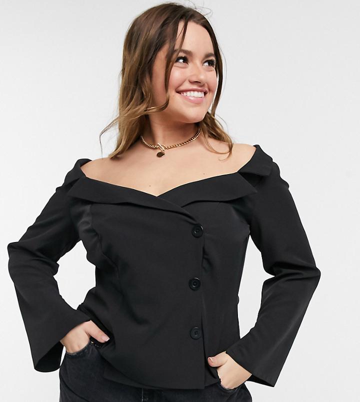 Asos Design Curve Long Sleeve Off Shoulder Tux Top In Black