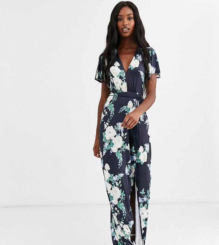 Asos Design Tall Floral Flutter Sleeve Maxi Dress With Tassle Belt