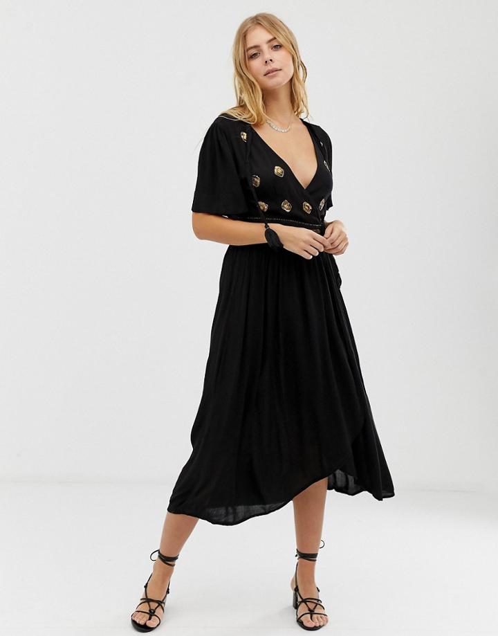 Raga A Touch Of Gold Embroidered Maxi Wrap Dress - Black