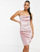 Parisian Velvet Cami Strap Midi Dress With Cowl Front In Light Pink