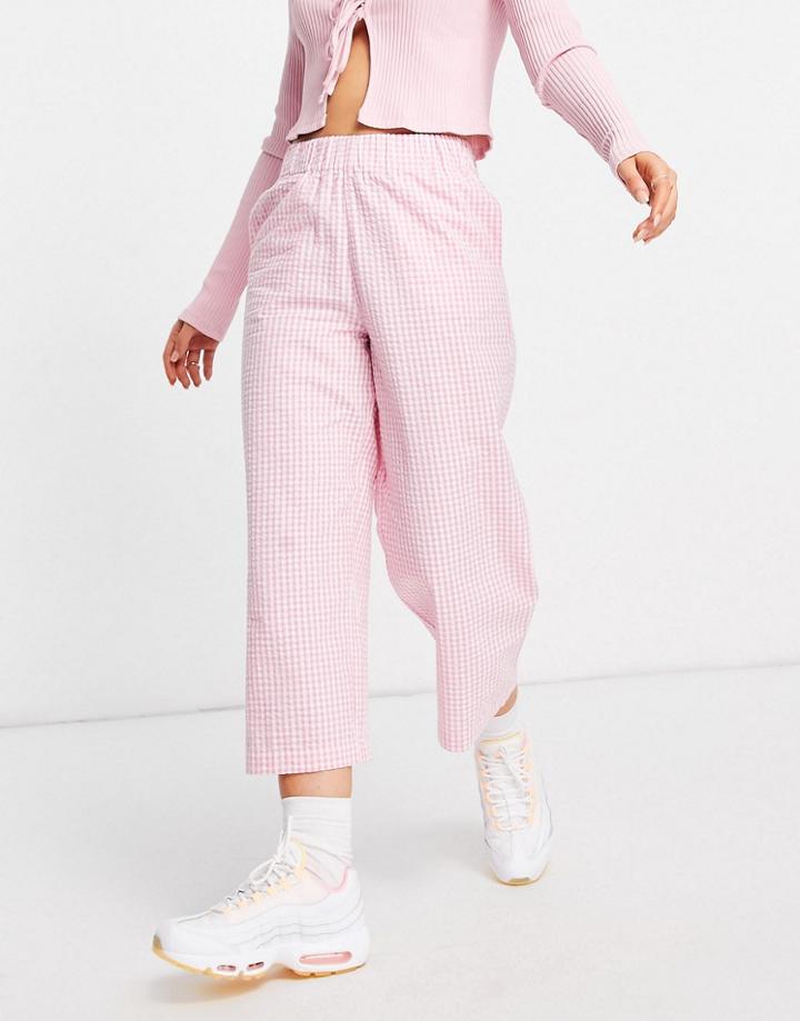 Monki Vilja Cropped Wide Leg Pants In Pink Gingham