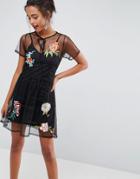 Asos Premium Dobby Mesh Smock Dress With Embellished Flowers - Black