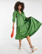 Object Adalina Satin Smocked Midi Dress In Green