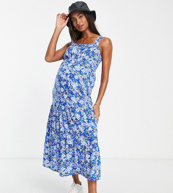 Influence Maternity Tie Back Midi Dress In Blue Multi