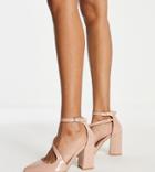 London Rebel Wide Fit Pointed Block Heel Shoes In Beige-neutral