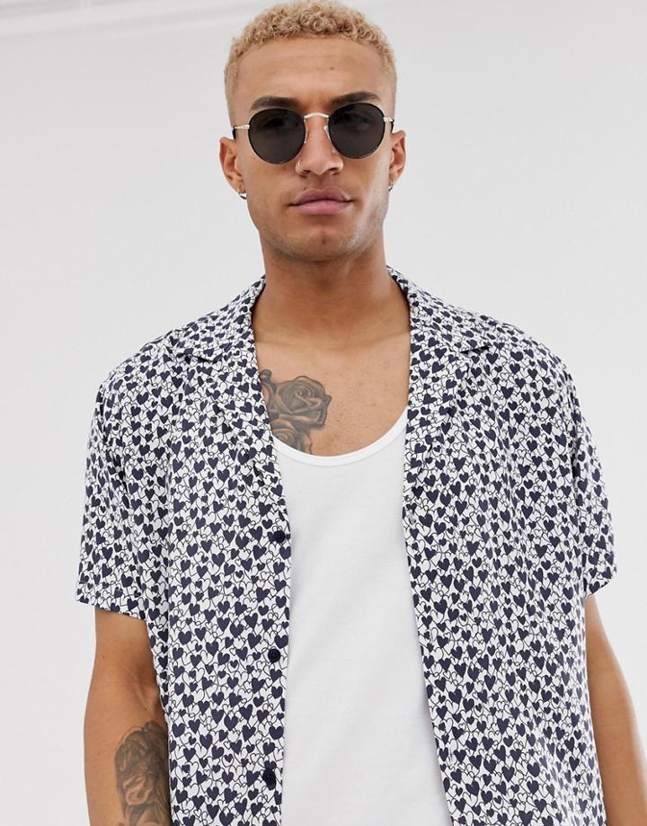 Asos Design Relaxed Fit Shirt In Heart Print With Deep Revere Collar-white