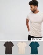 Asos Tall Crew Neck T-shirt With Roll Sleeve 3 Pack Save - Multi