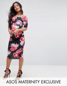 Asos Maternity Bardot Dress With Half Sleeve In Dark Floral Print - Multi