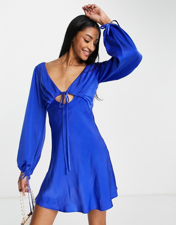 Asos Design Satin Tie Front Blouson Sleeve Mini Dress With Open Back Detail-blue